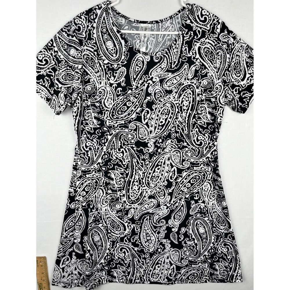 Bella Berry Paisley Print Top Womens XL Short Sleeve Black White Blouse